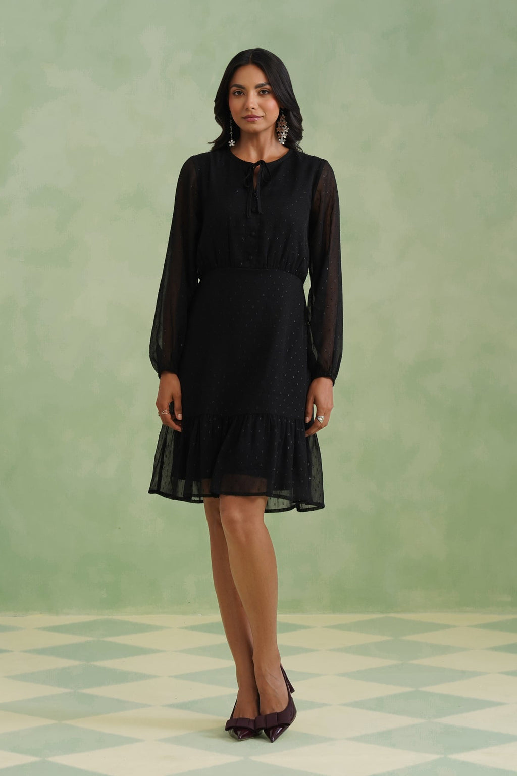 Black Textured Metallic Thread Flounce Mini Dress