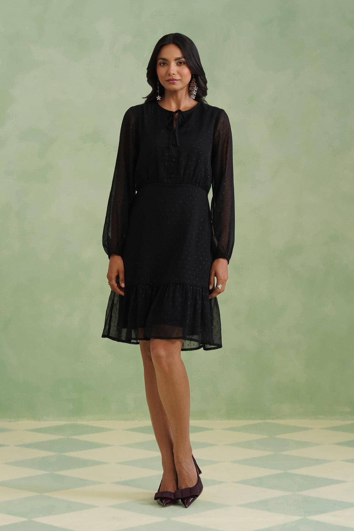 Black Textured Metallic Thread Flounce Mini Dress