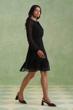 Black Textured Metallic Thread Flounce Mini Dress