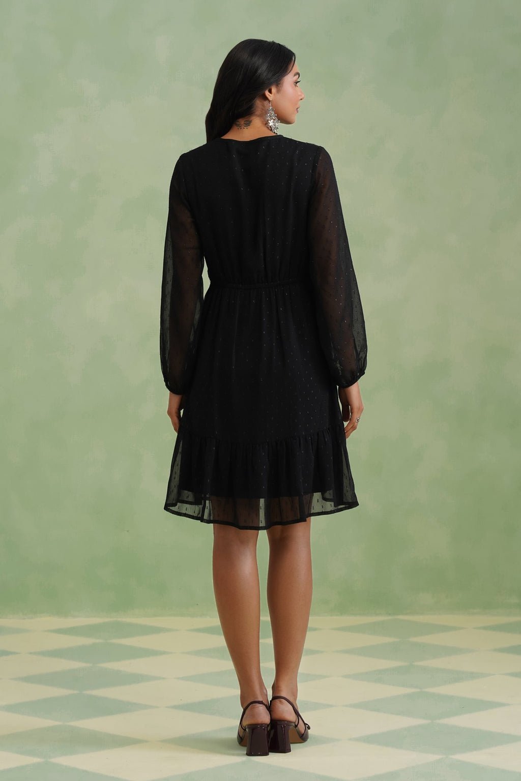 Black Textured Metallic Thread Flounce Mini Dress