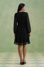 Black Textured Metallic Thread Flounce Mini Dress