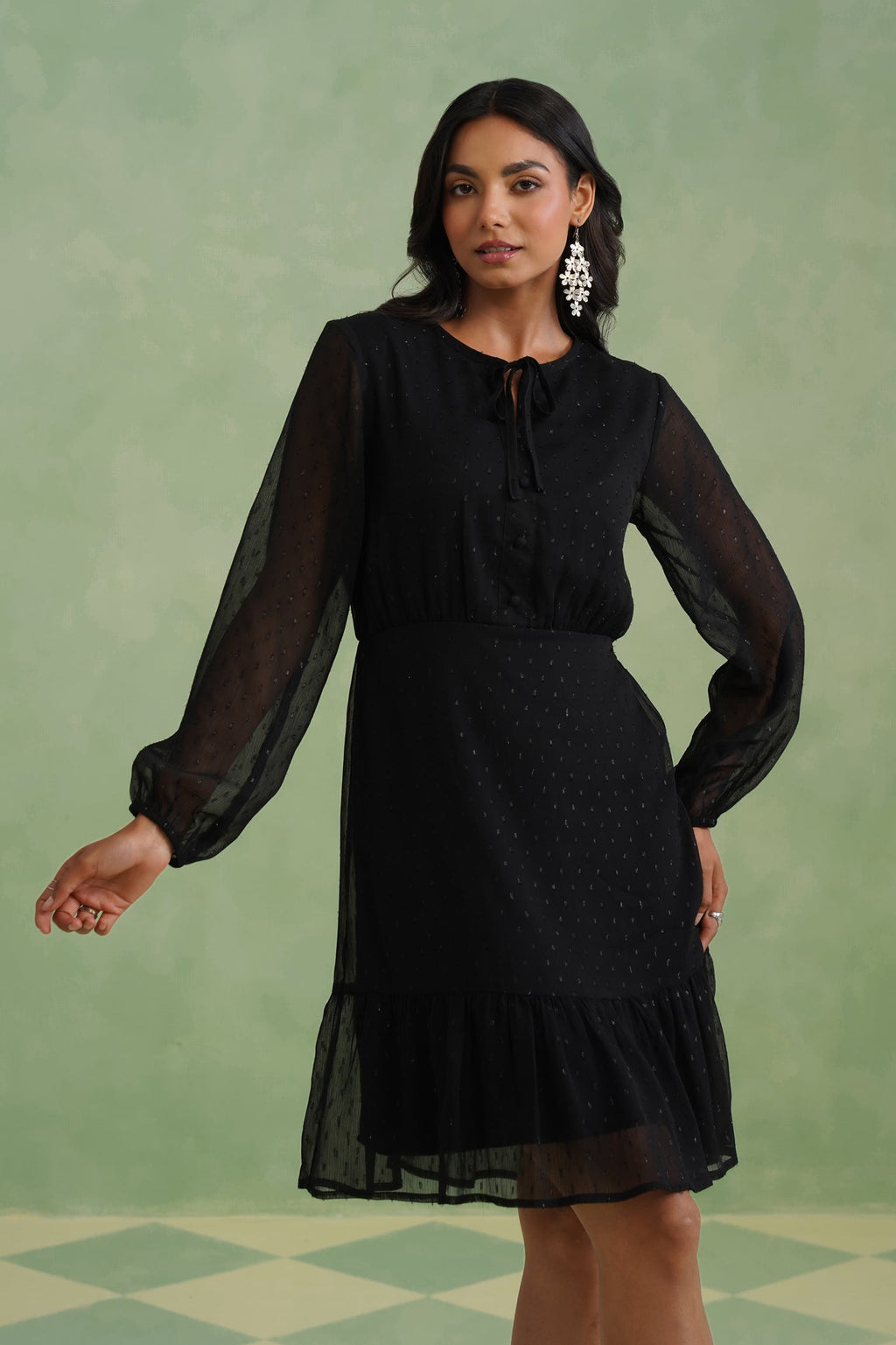 Black Textured Metallic Thread Flounce Mini Dress