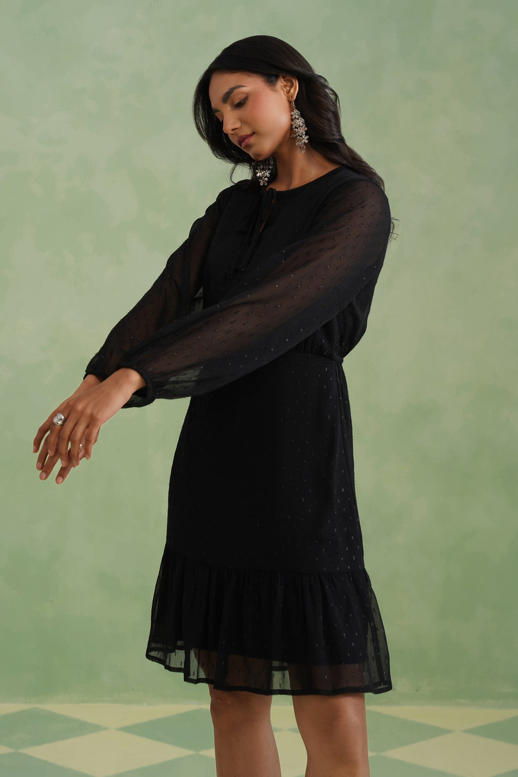 Black Textured Metallic Thread Flounce Mini Dress
