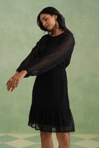 Black Textured Metallic Thread Flounce Mini Dress
