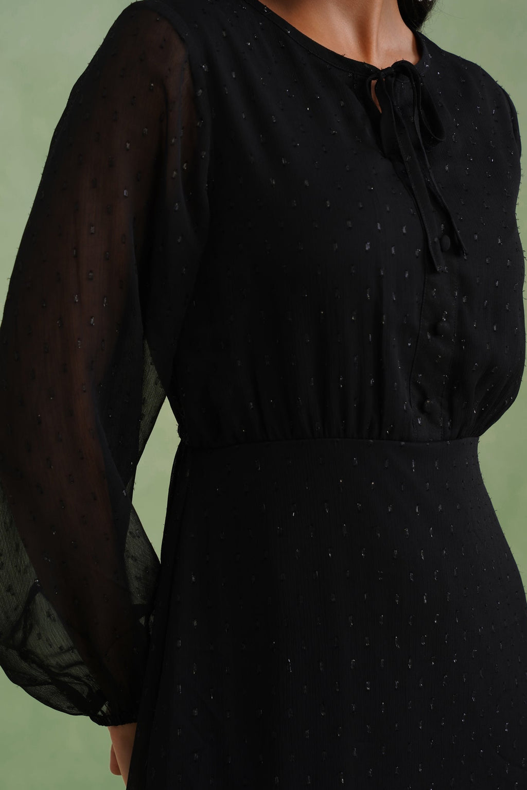 Black Textured Metallic Thread Flounce Mini Dress