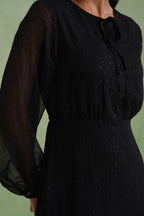 Black Textured Metallic Thread Flounce Mini Dress