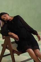 Black Textured Metallic Thread Flounce Mini Dress