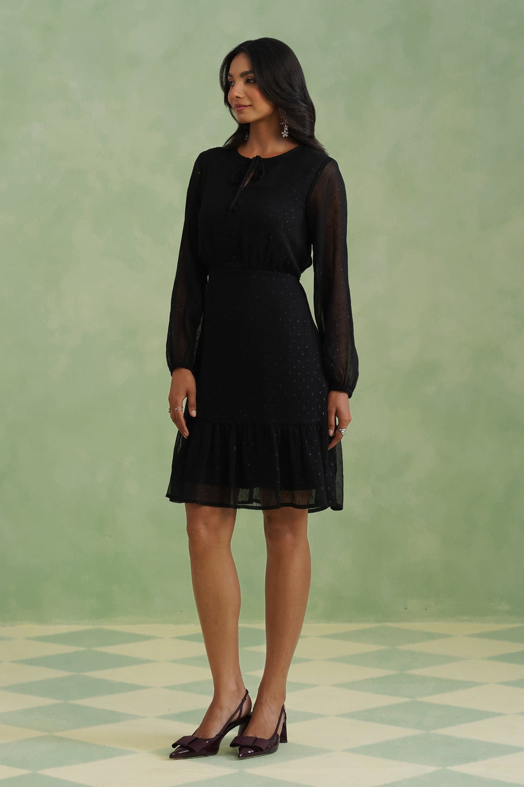 Black Textured Metallic Thread Flounce Mini Dress