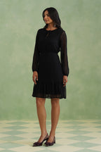 Black Textured Metallic Thread Flounce Mini Dress
