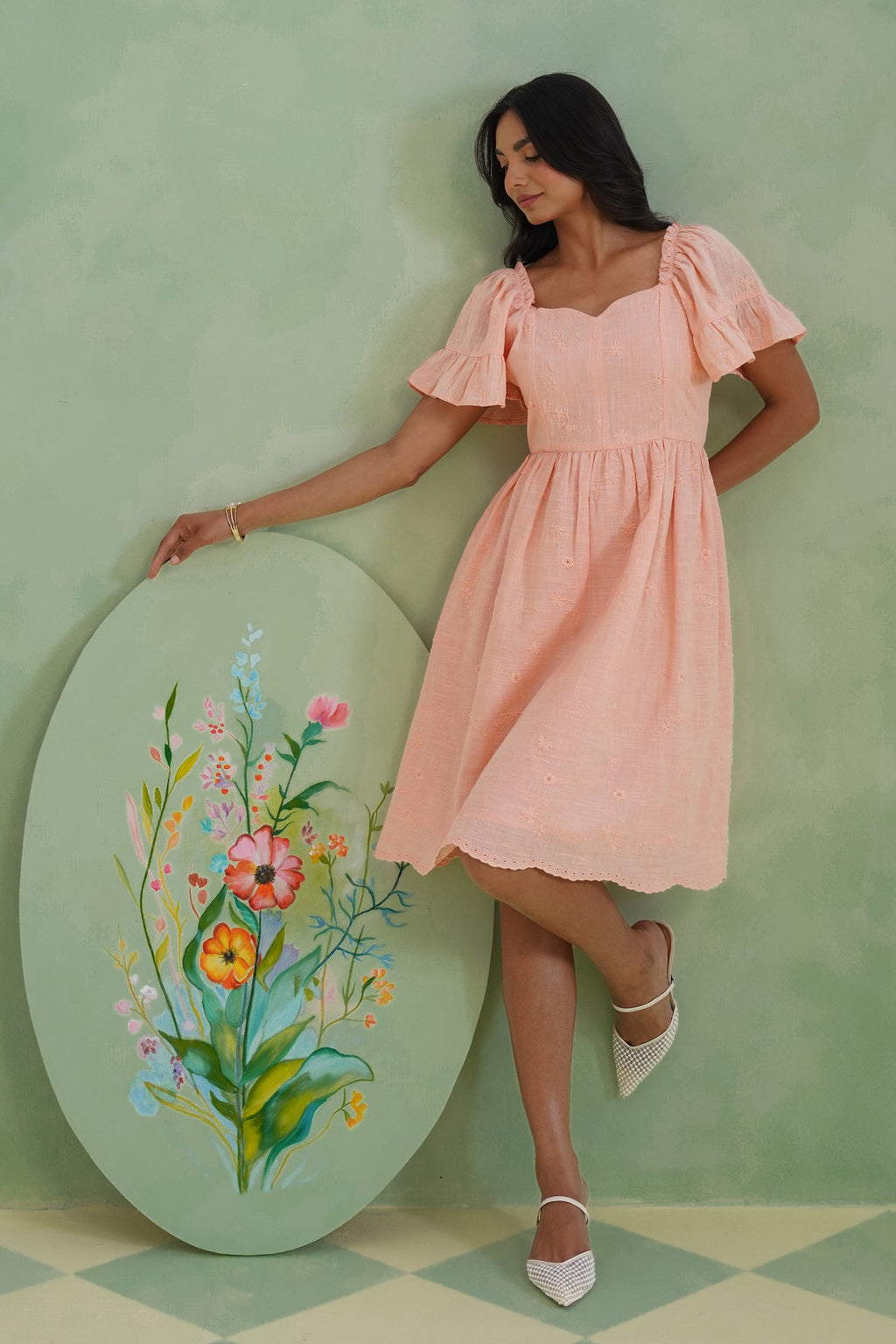Apricot Blush Embroidered Mini Dress