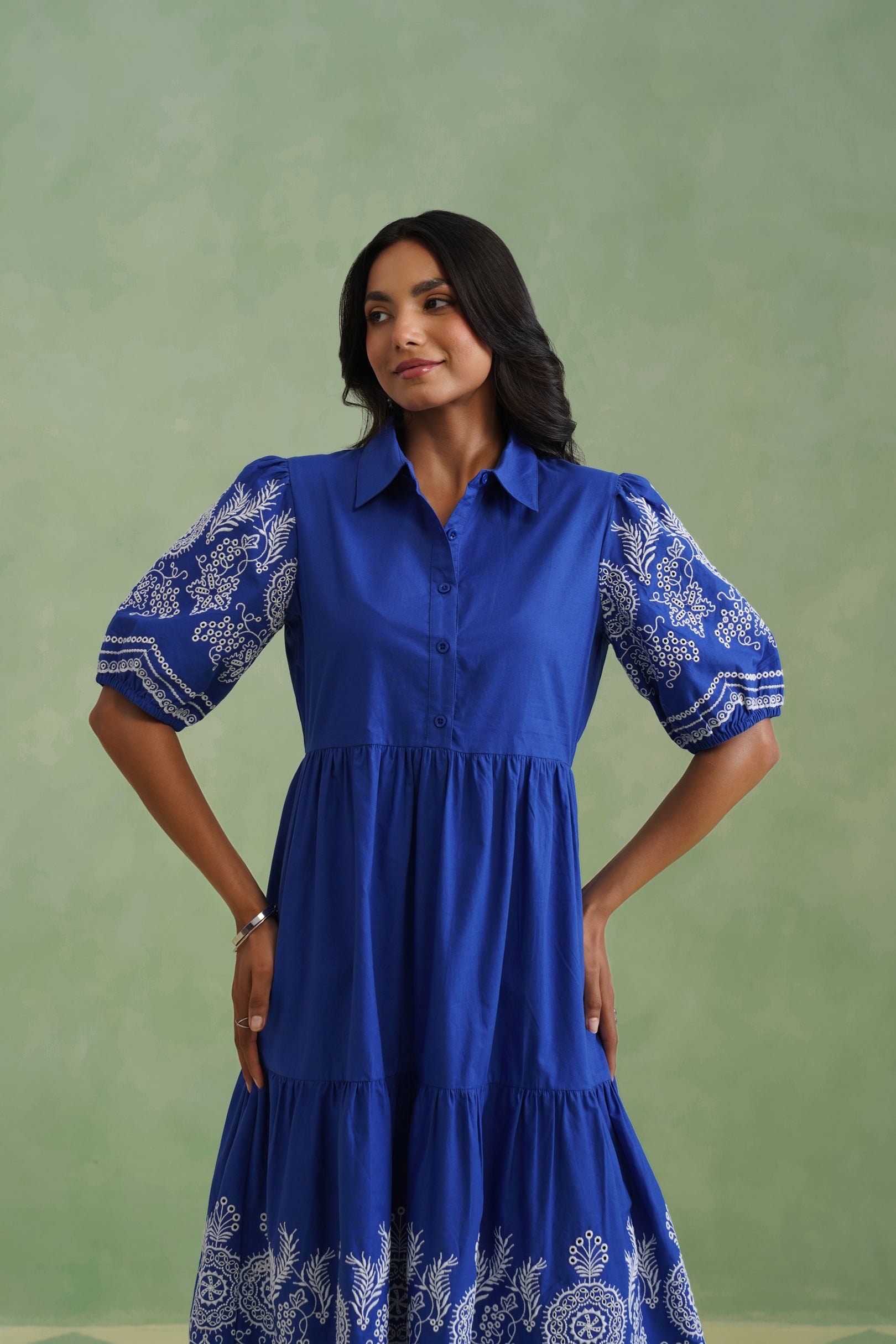 Royal Blue Embroidered Tiered Midi Dress
