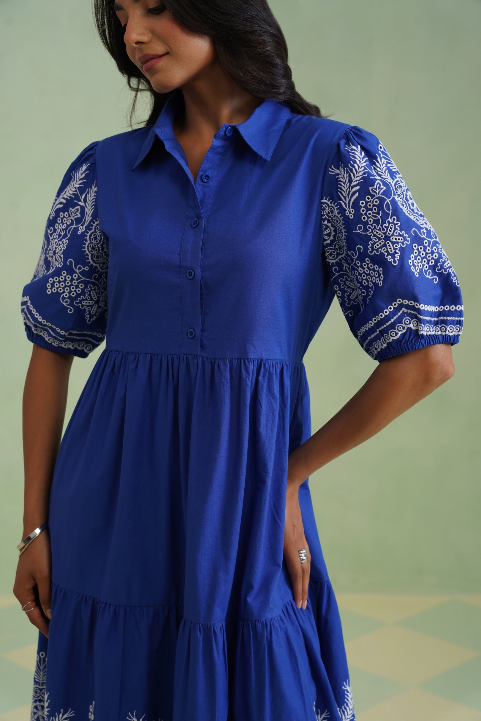 Royal Blue Embroidered Tiered Midi Dress