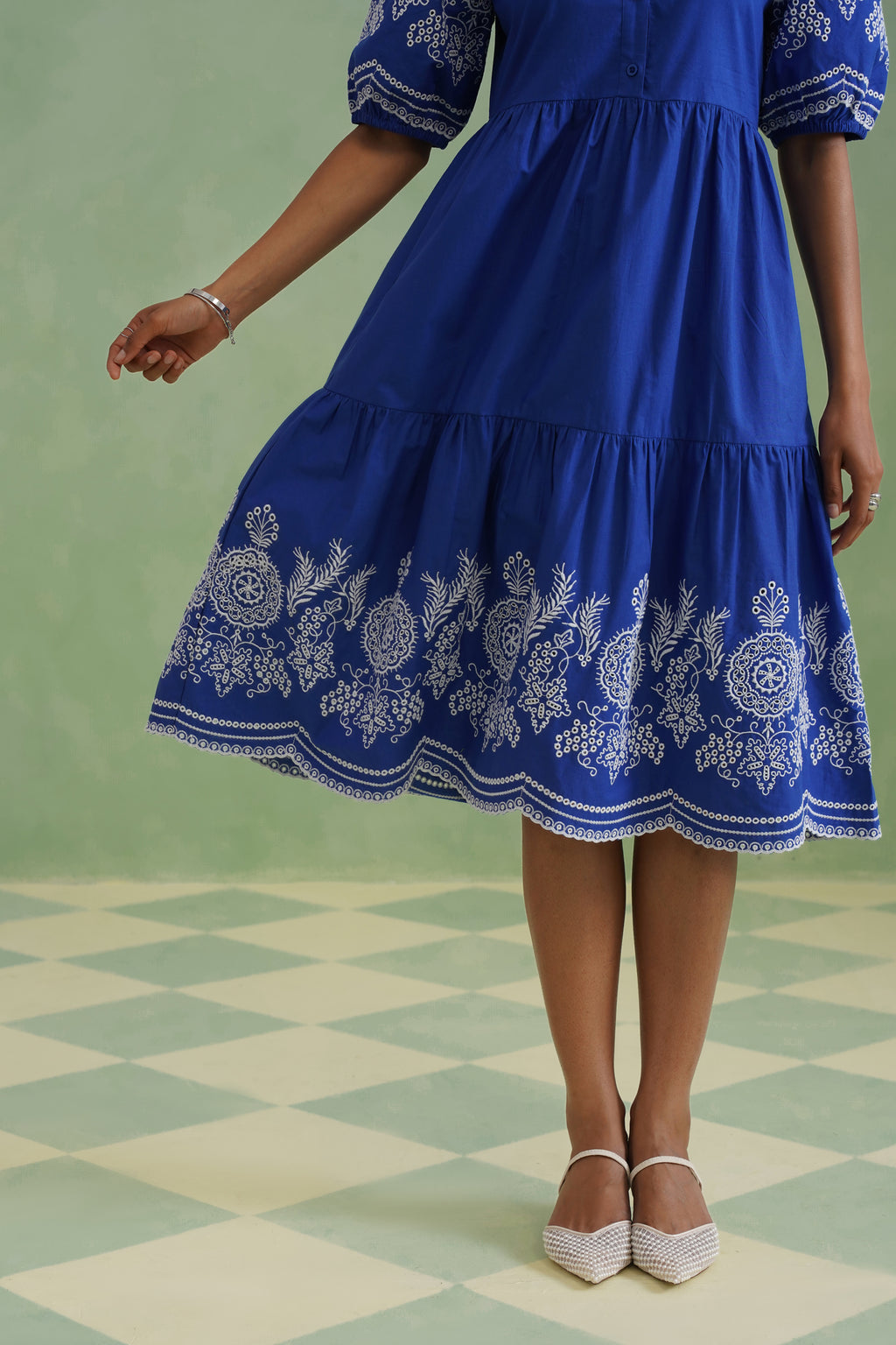 Royal Blue Embroidered Tiered Midi Dress