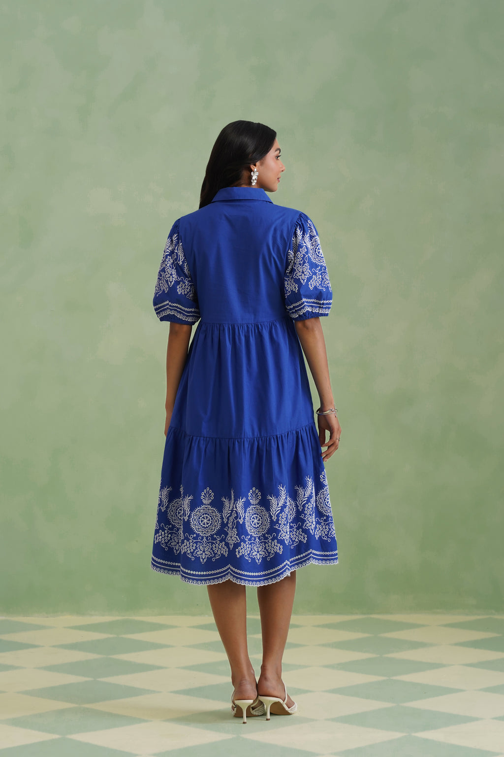 Royal Blue Embroidered Tiered Midi Dress