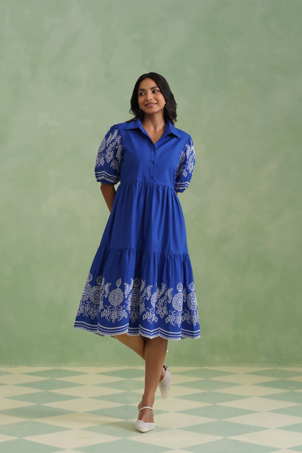 Royal Blue Embroidered Tiered Midi Dress