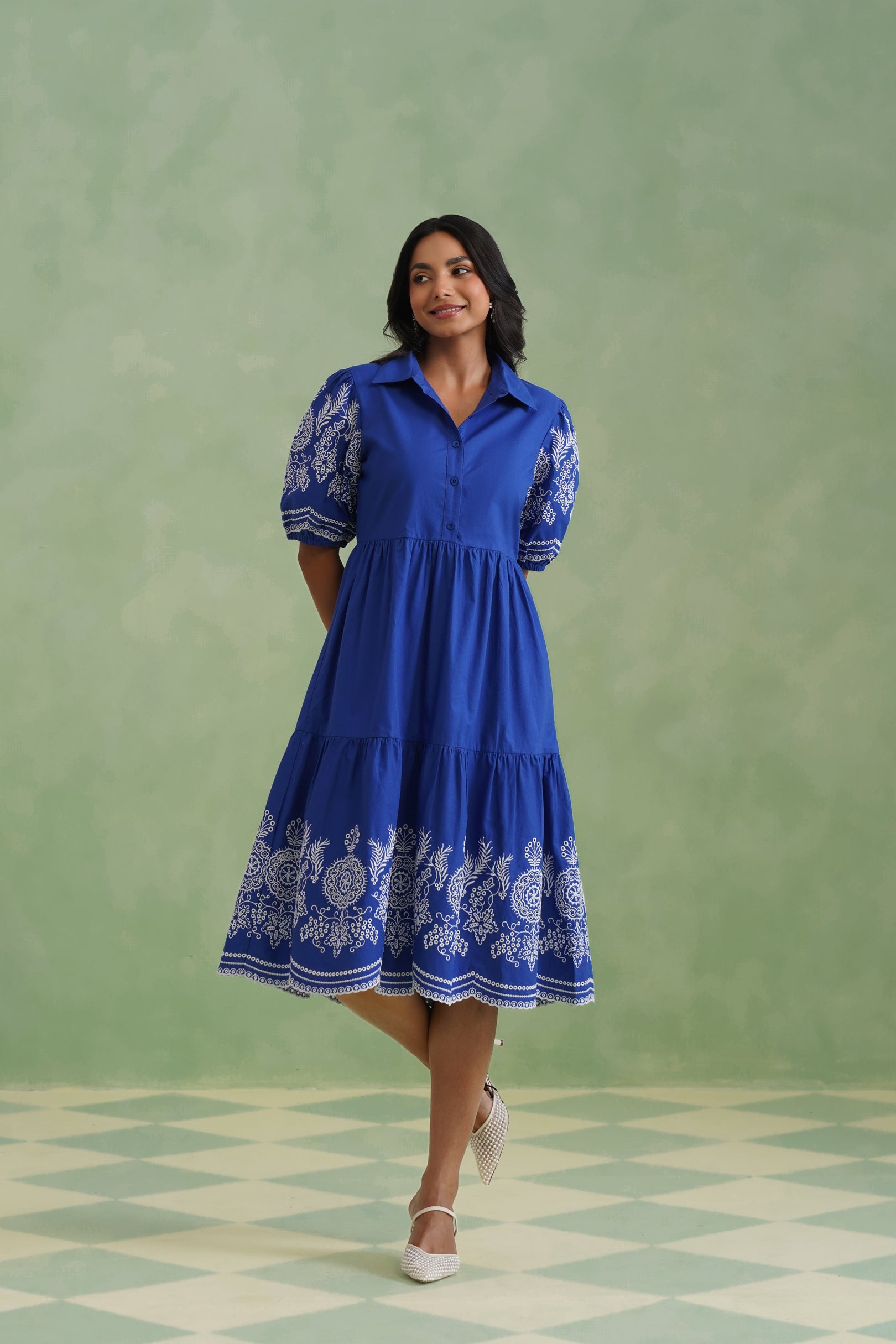 Royal Blue Embroidered Tiered Midi Dress