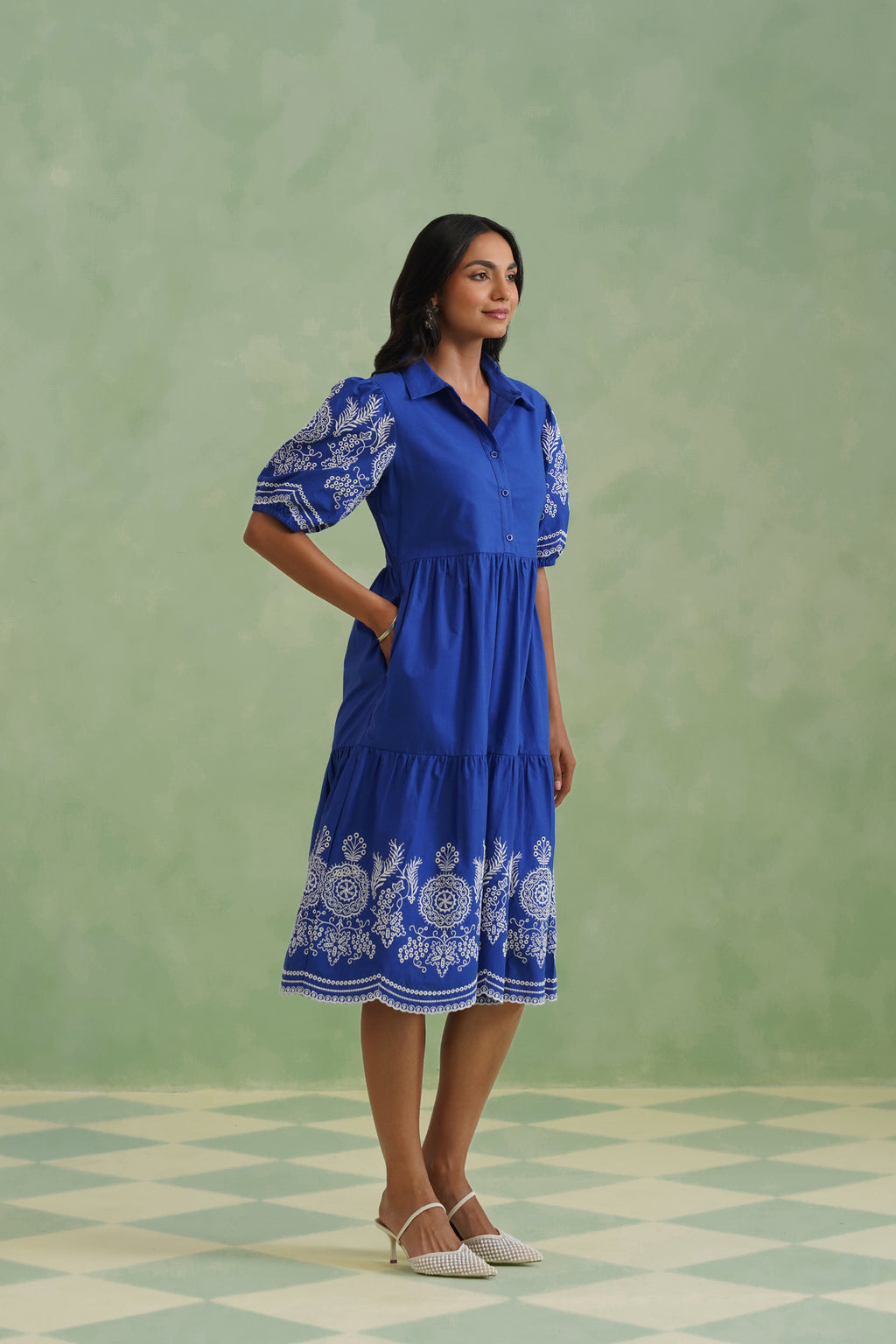 Royal Blue Embroidered Tiered Midi Dress
