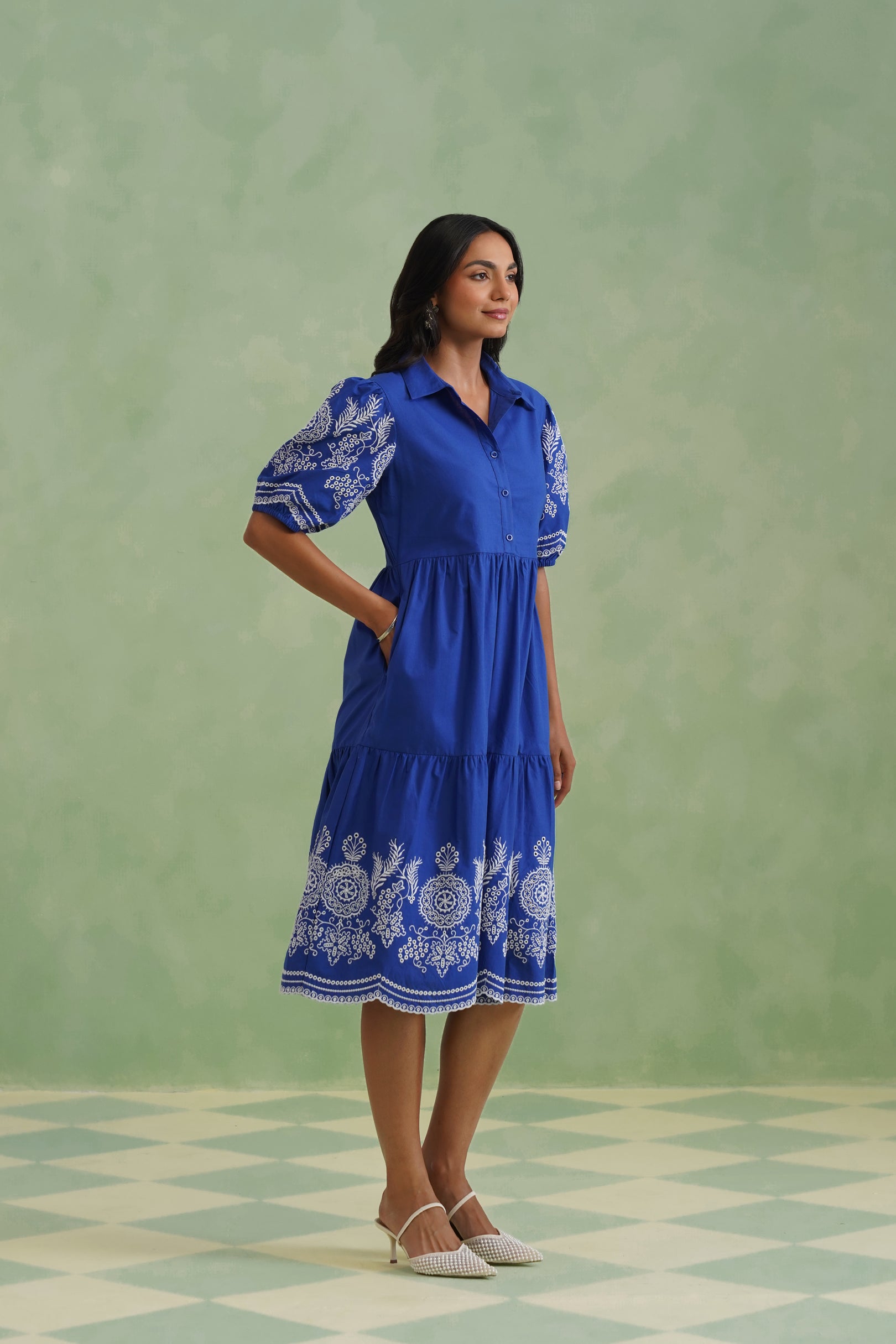 Royal Blue Embroidered Tiered Midi Dress