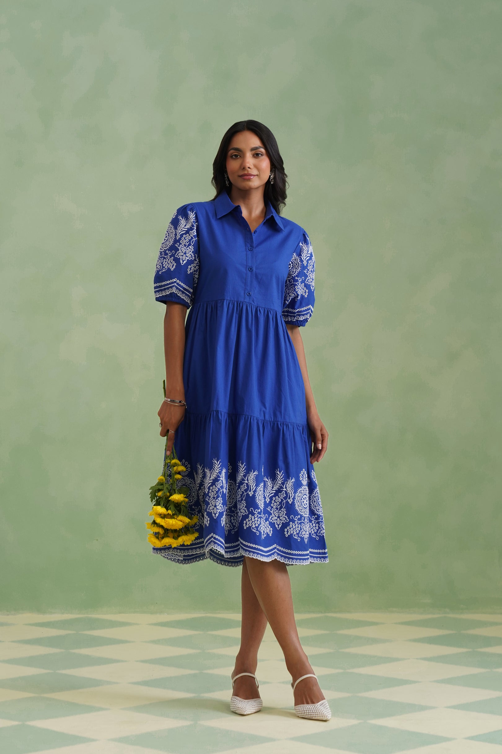 Royal Blue Embroidered Tiered Midi Dress