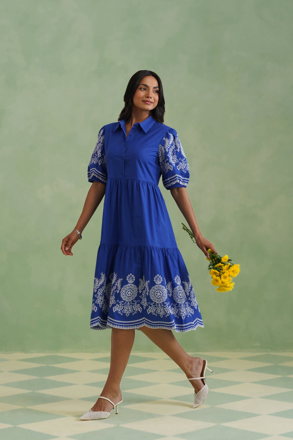 Royal Blue Embroidered Tiered Midi Dress
