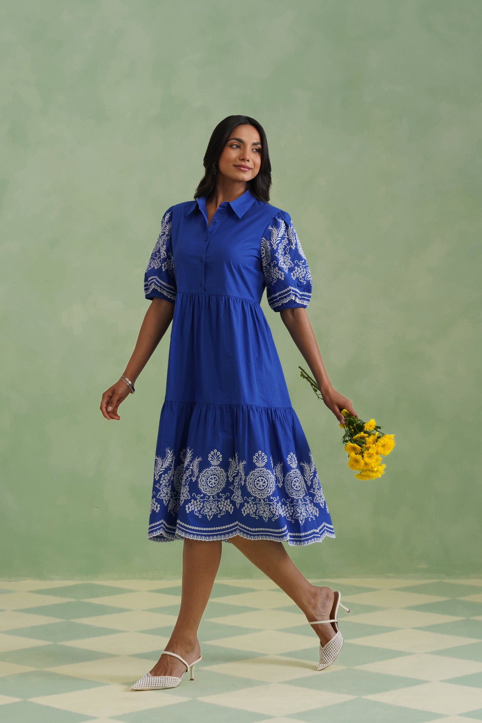 Royal Blue Embroidered Tiered Midi Dress