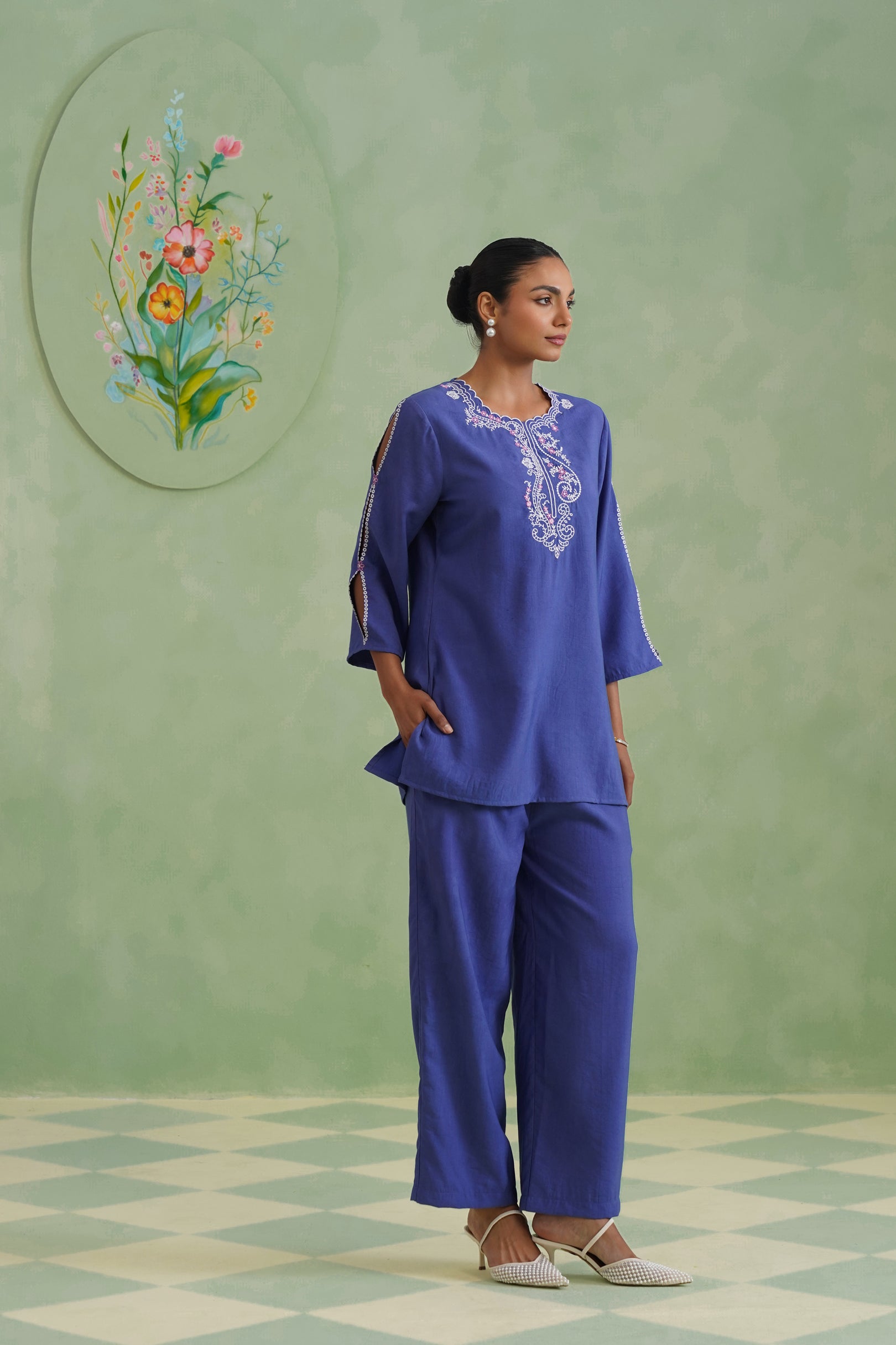 Dusty Lilac Blue Embroidered Co-ord Set