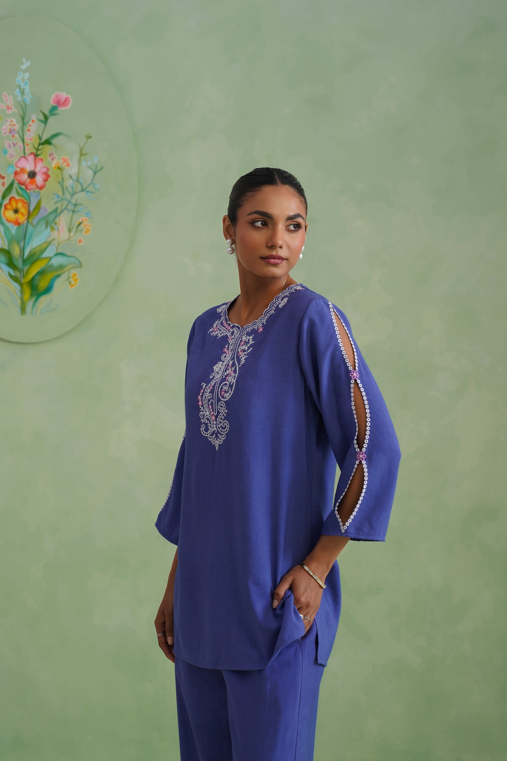 Dusty Lilac Blue Embroidered Co-ord Set