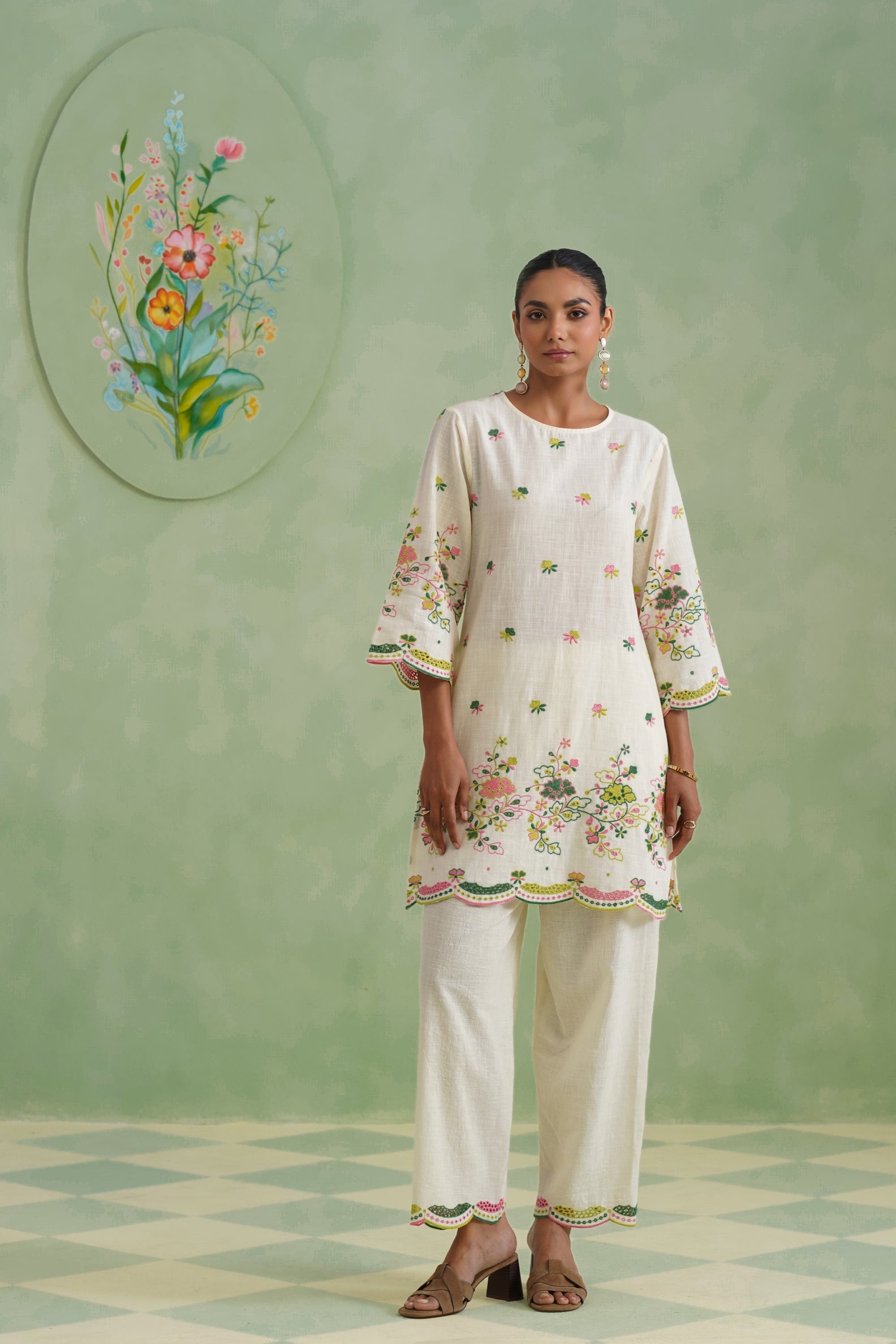 Ivory Floral Broderie Kurta Set
