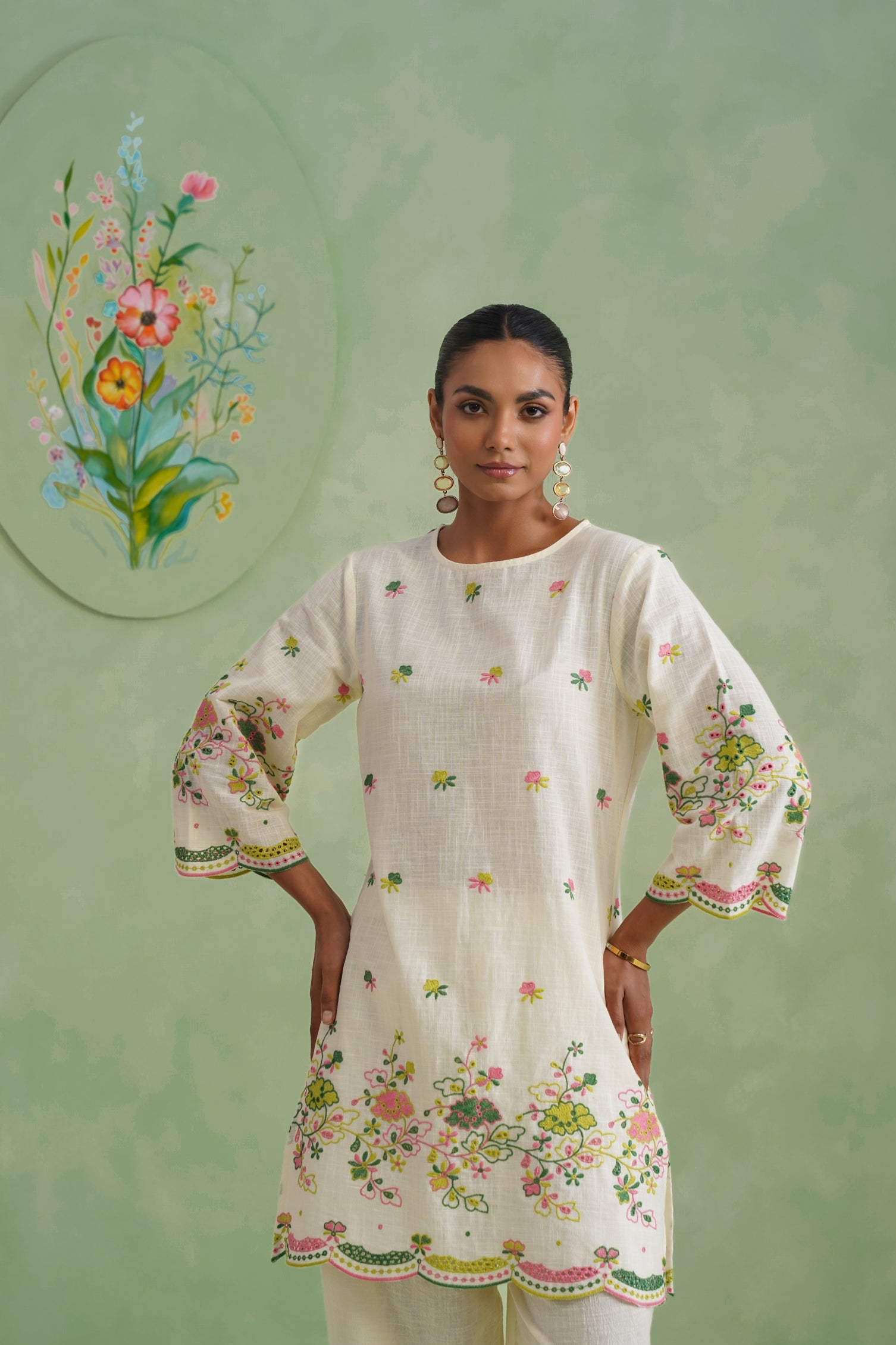 Ivory Floral Broderie Kurta Set