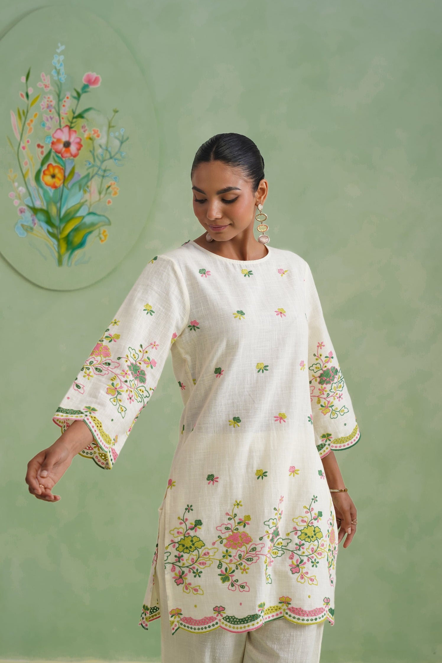 Ivory Floral Broderie Kurta Set