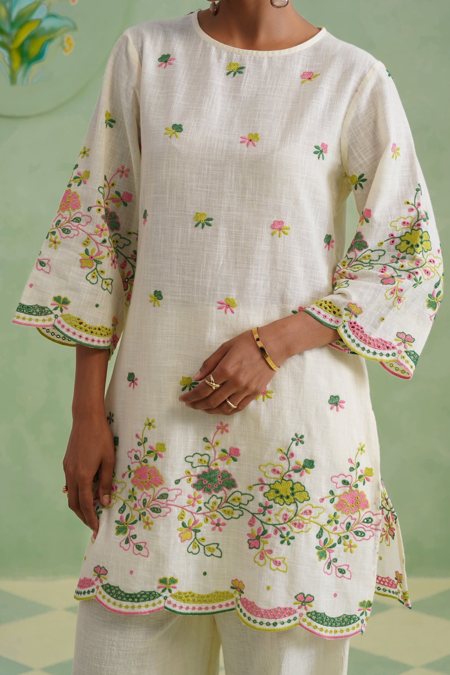 Ivory Floral Broderie Kurta Set