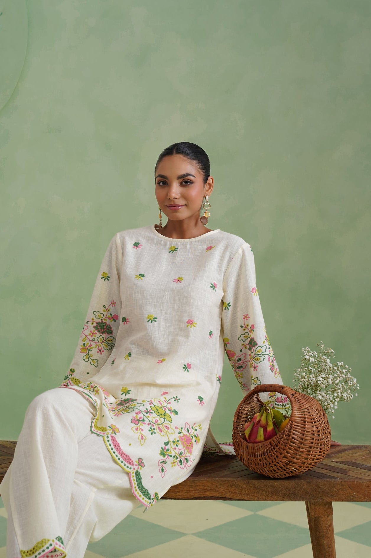 Ivory Floral Broderie Kurta Set