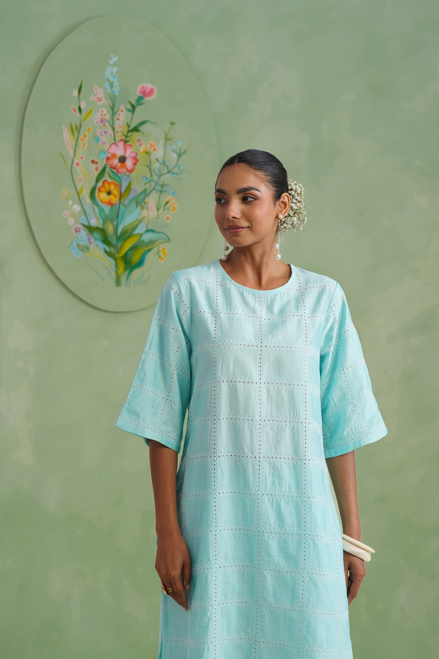 Aqua Grid Broderie Kurta Set