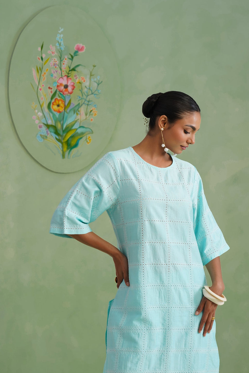 Aqua Grid Broderie Kurta Set