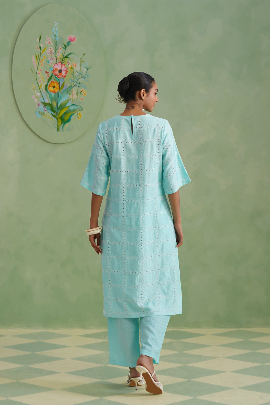 Aqua Grid Broderie Kurta Set