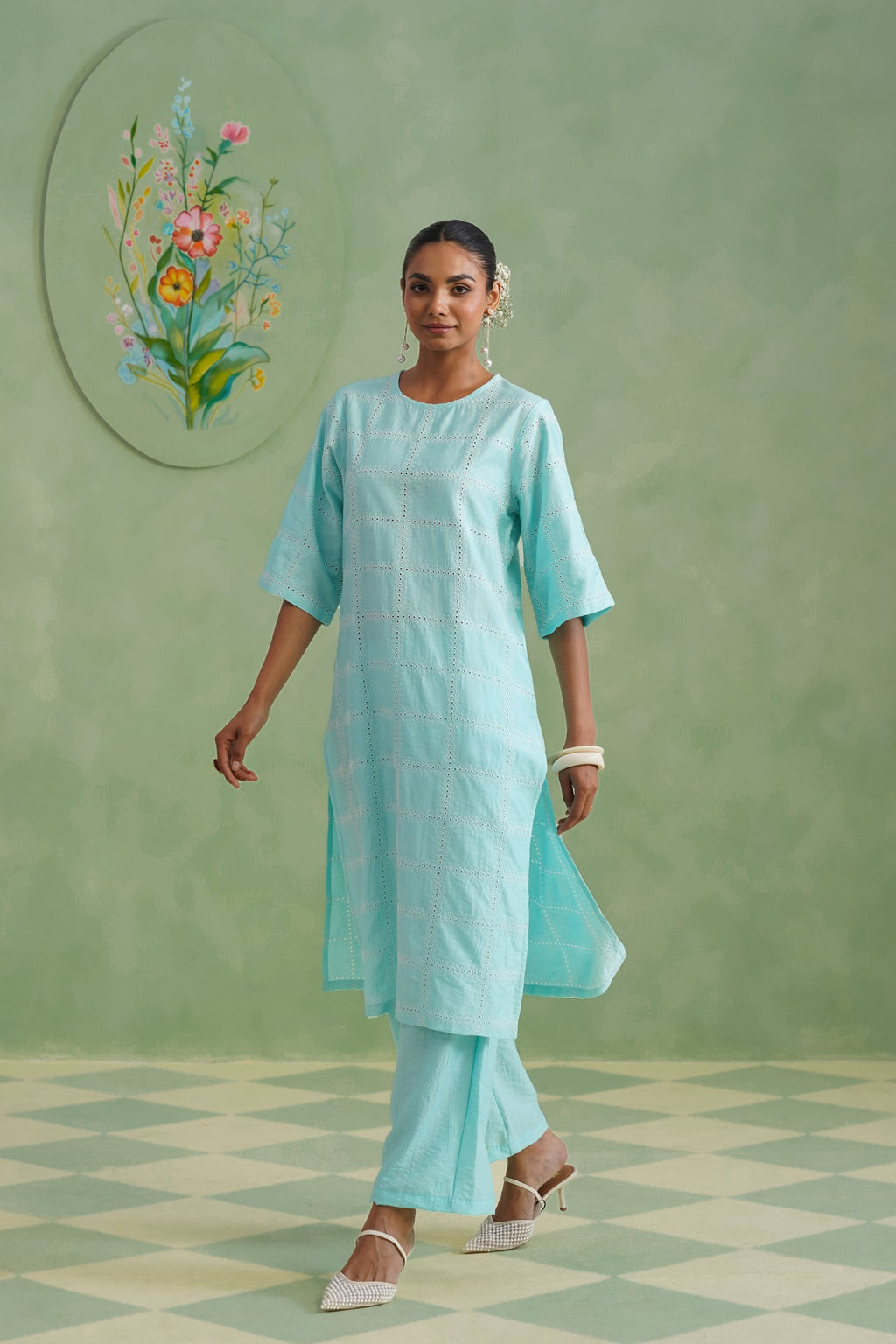 Aqua Grid Broderie Kurta Set