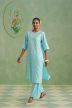 Aqua Grid Broderie Kurta Set