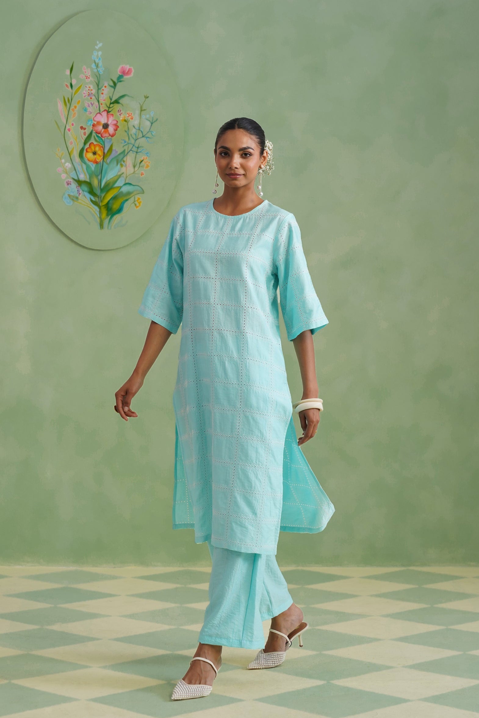 Aqua Grid Broderie Kurta Set