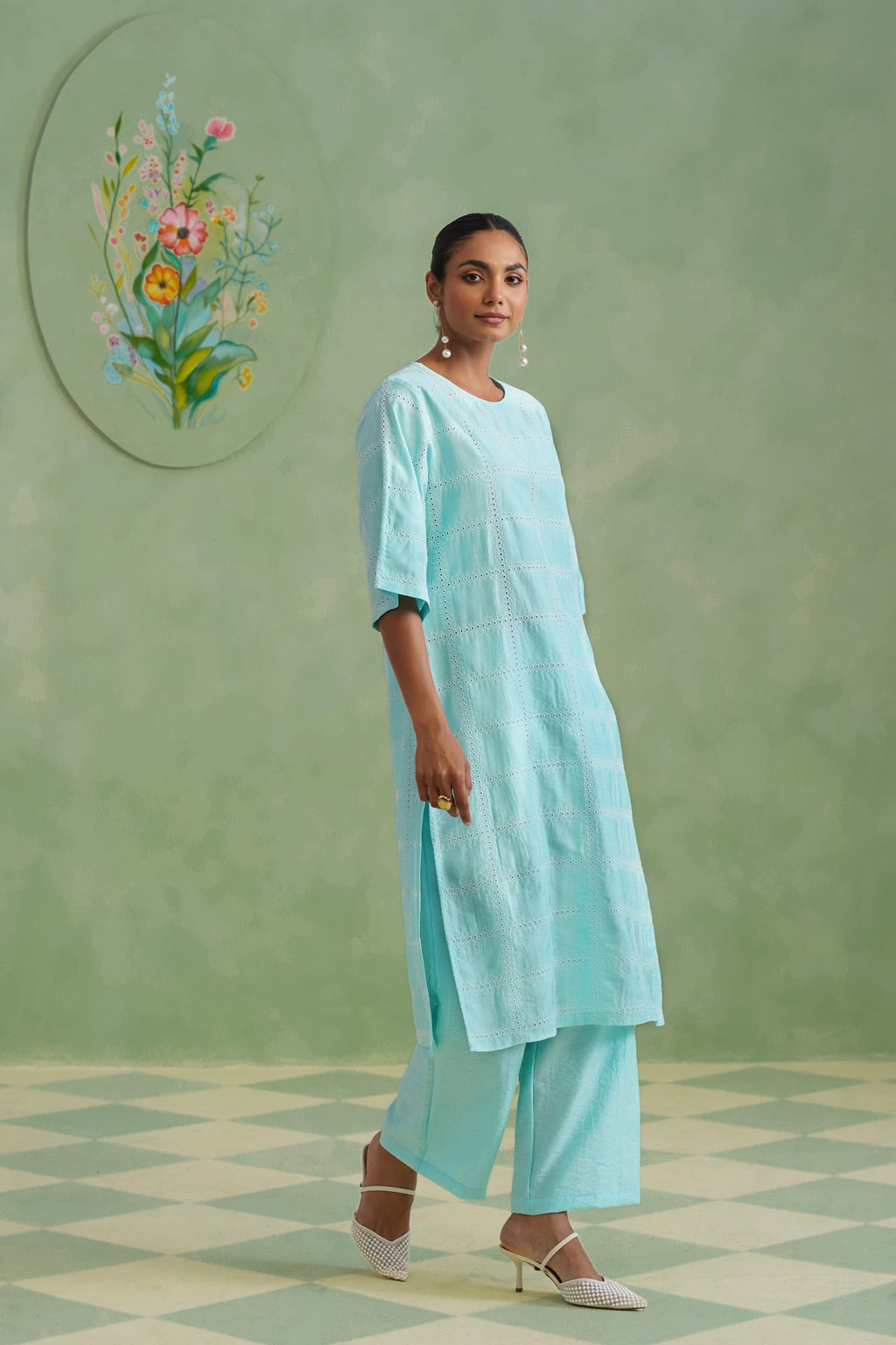 Aqua Grid Broderie Kurta Set