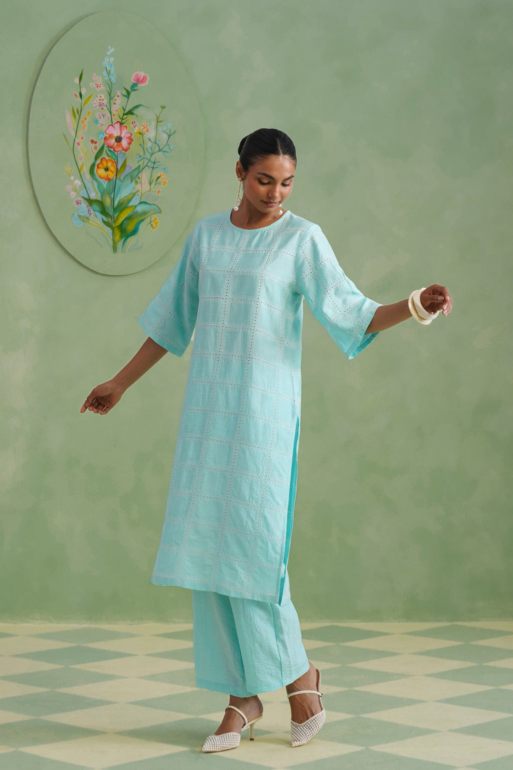 Aqua Grid Broderie Kurta Set
