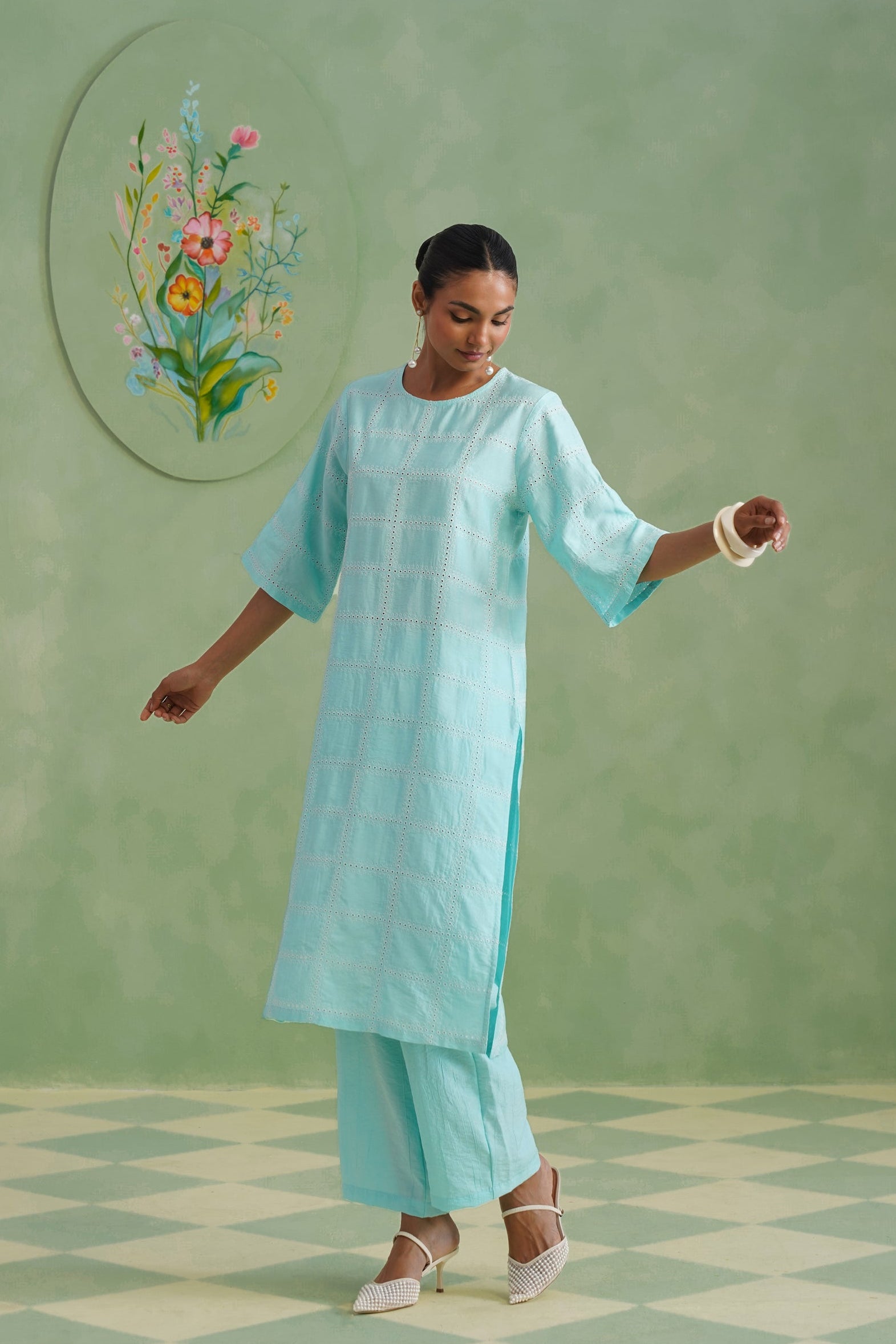 Aqua Grid Broderie Kurta Set