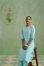 Aqua Grid Broderie Kurta Set