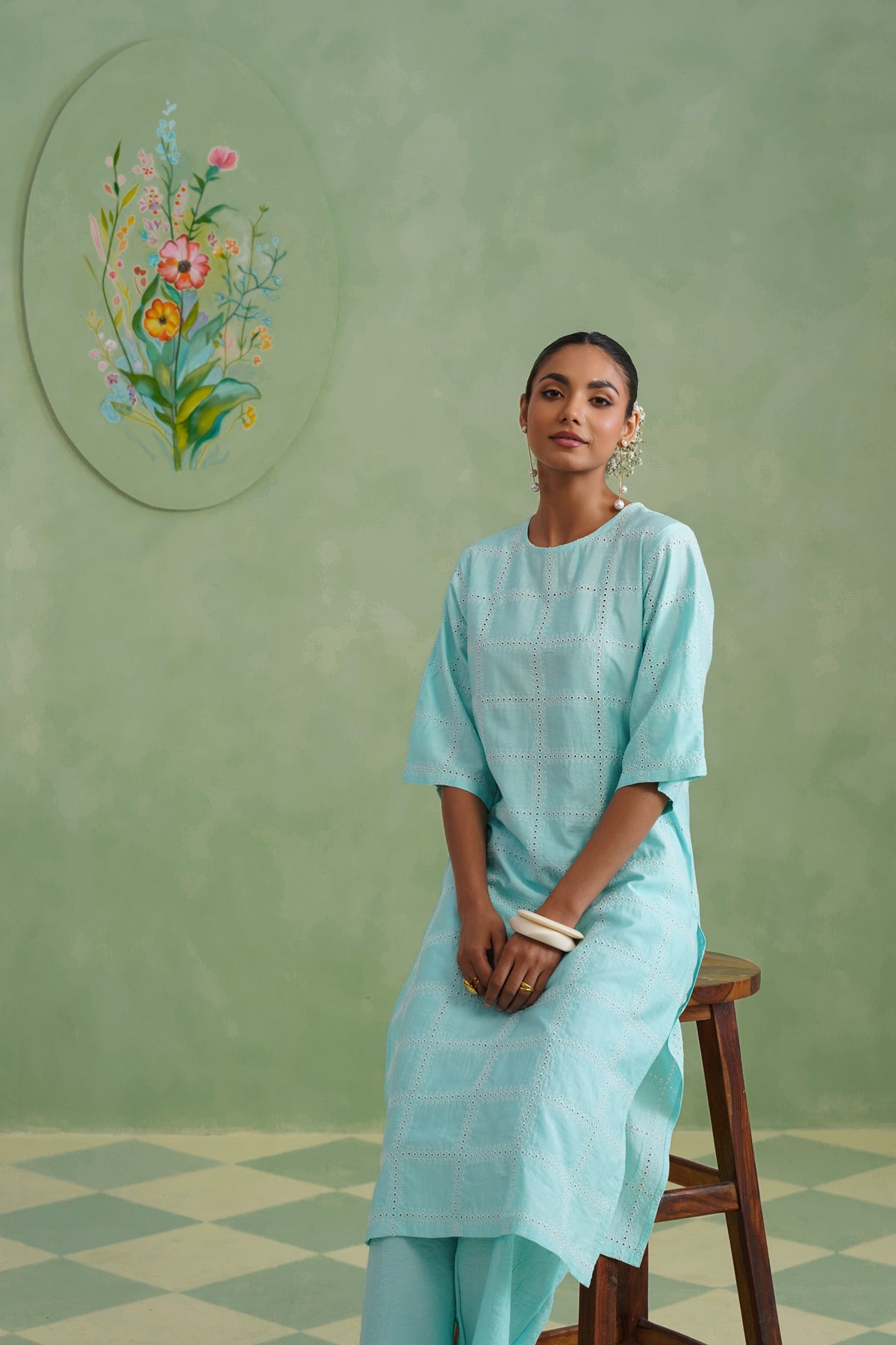 Aqua Grid Broderie Kurta Set
