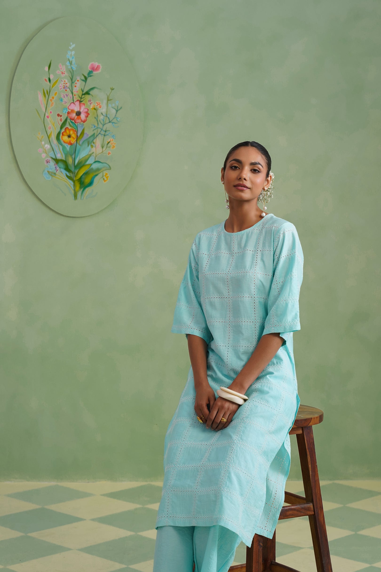 Aqua Grid Broderie Kurta Set