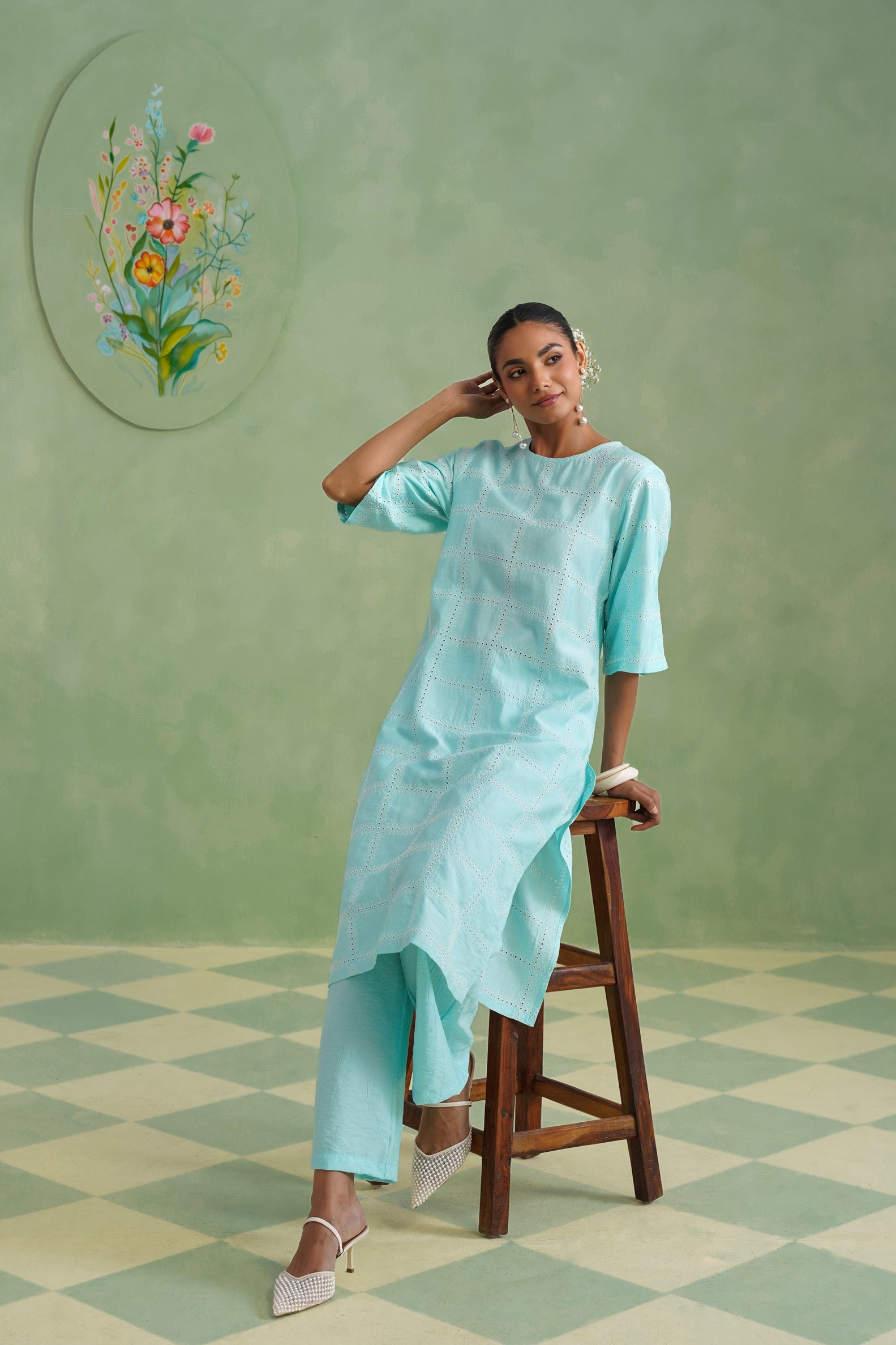 Aqua Grid Broderie Kurta Set