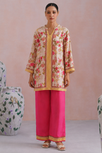 Ivory & Hot Pink Floral Printed Kurta Set