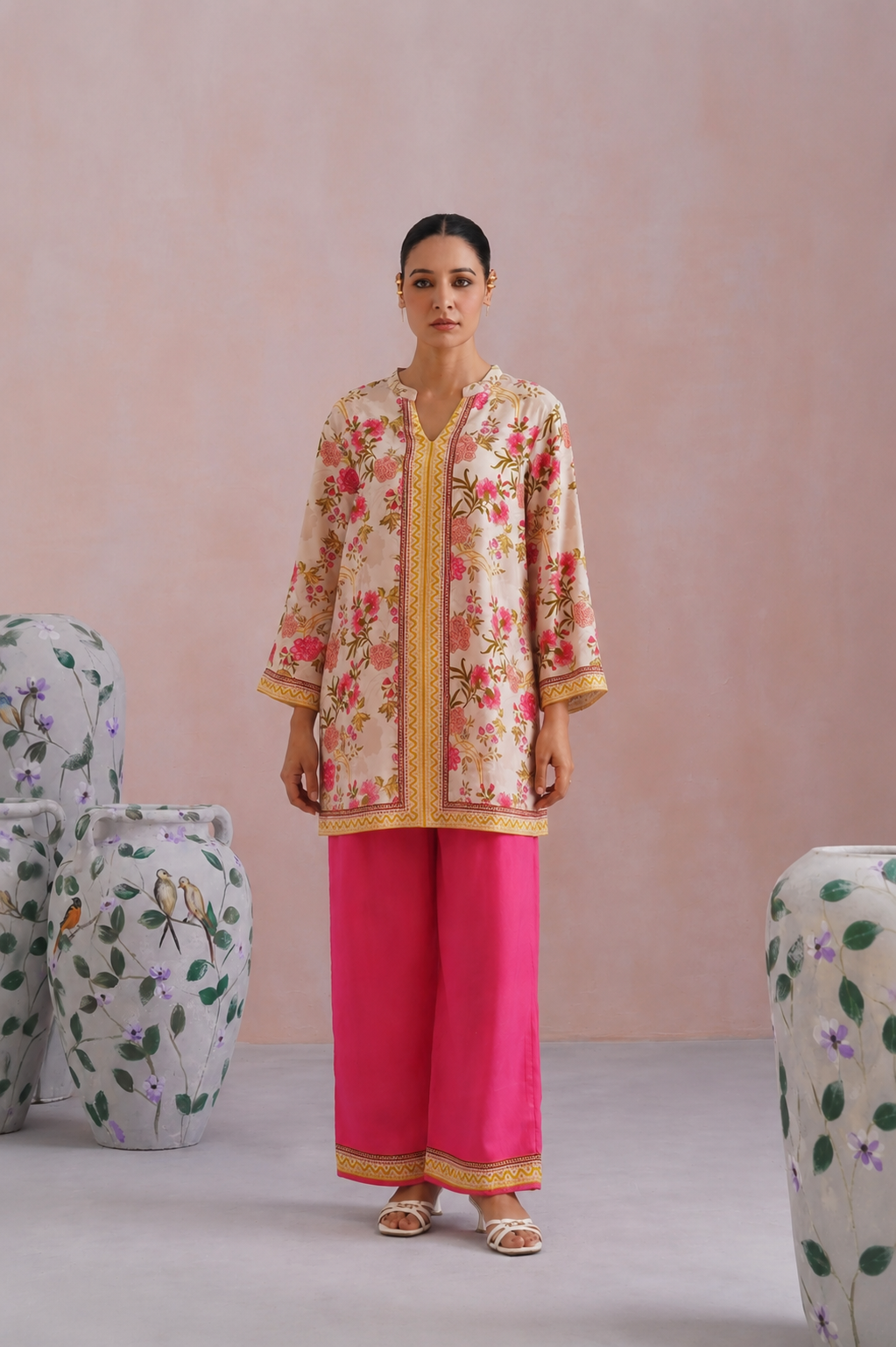 Ivory & Hot Pink Floral Digital Placement Printed Kurta Set