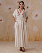 Ivory Floral Cross-Stitch Embroidered Maxi Dress