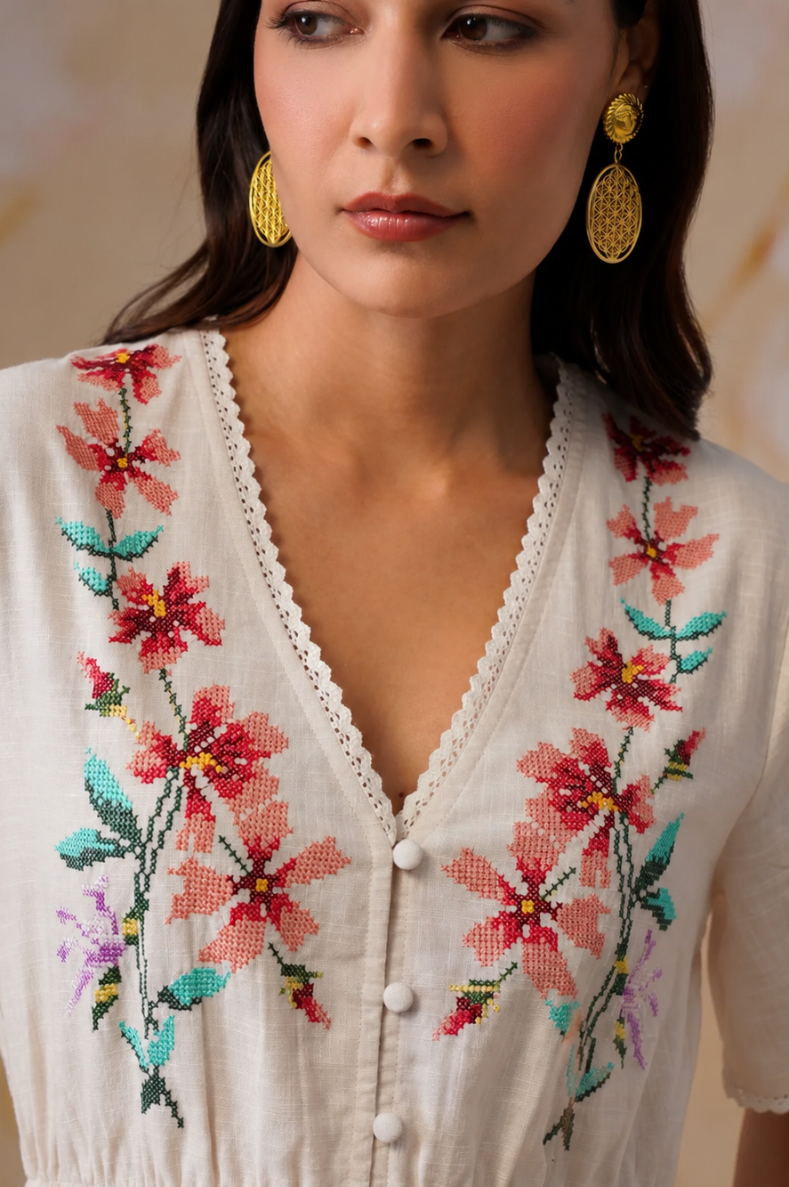 Ivory Floral Cross-Stitch Embroidered Maxi Dress