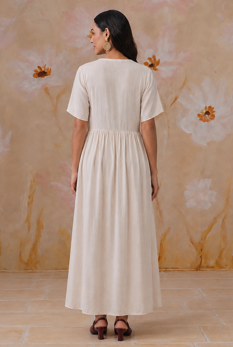 Ivory Floral Cross-Stitch Embroidered Maxi Dress